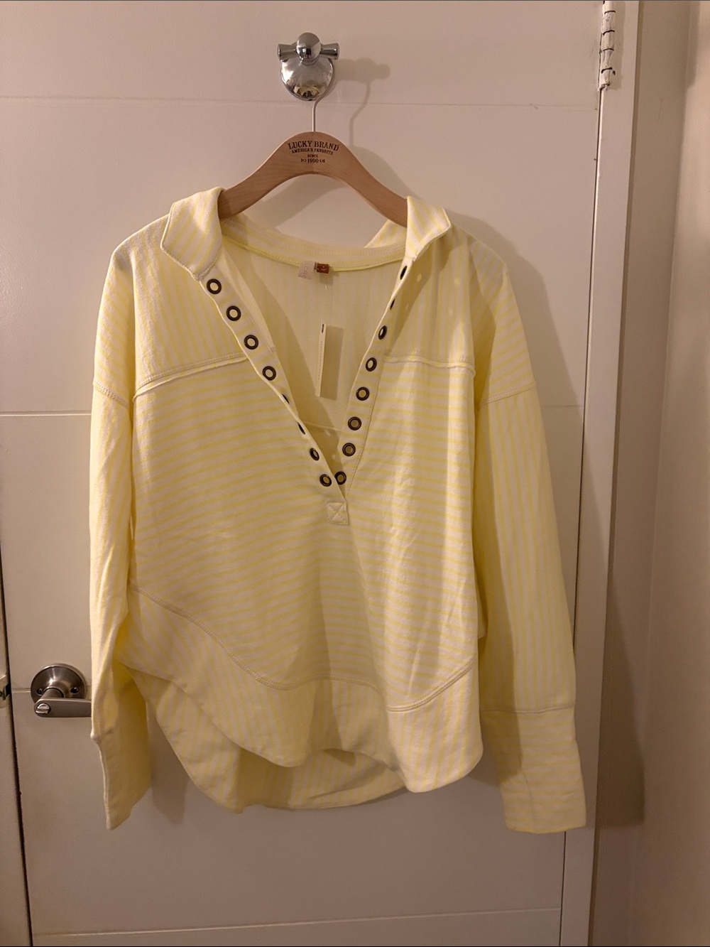 Anthropologie Pale Yellow Striped Grommet V-Neck Pullover